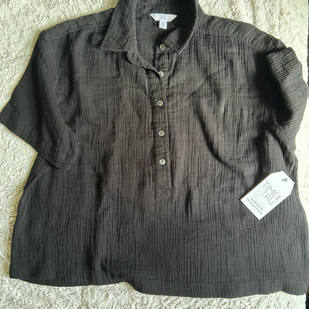 Time and Tru Charcoal Black 100% Cotton Textured Blouse, Size Small